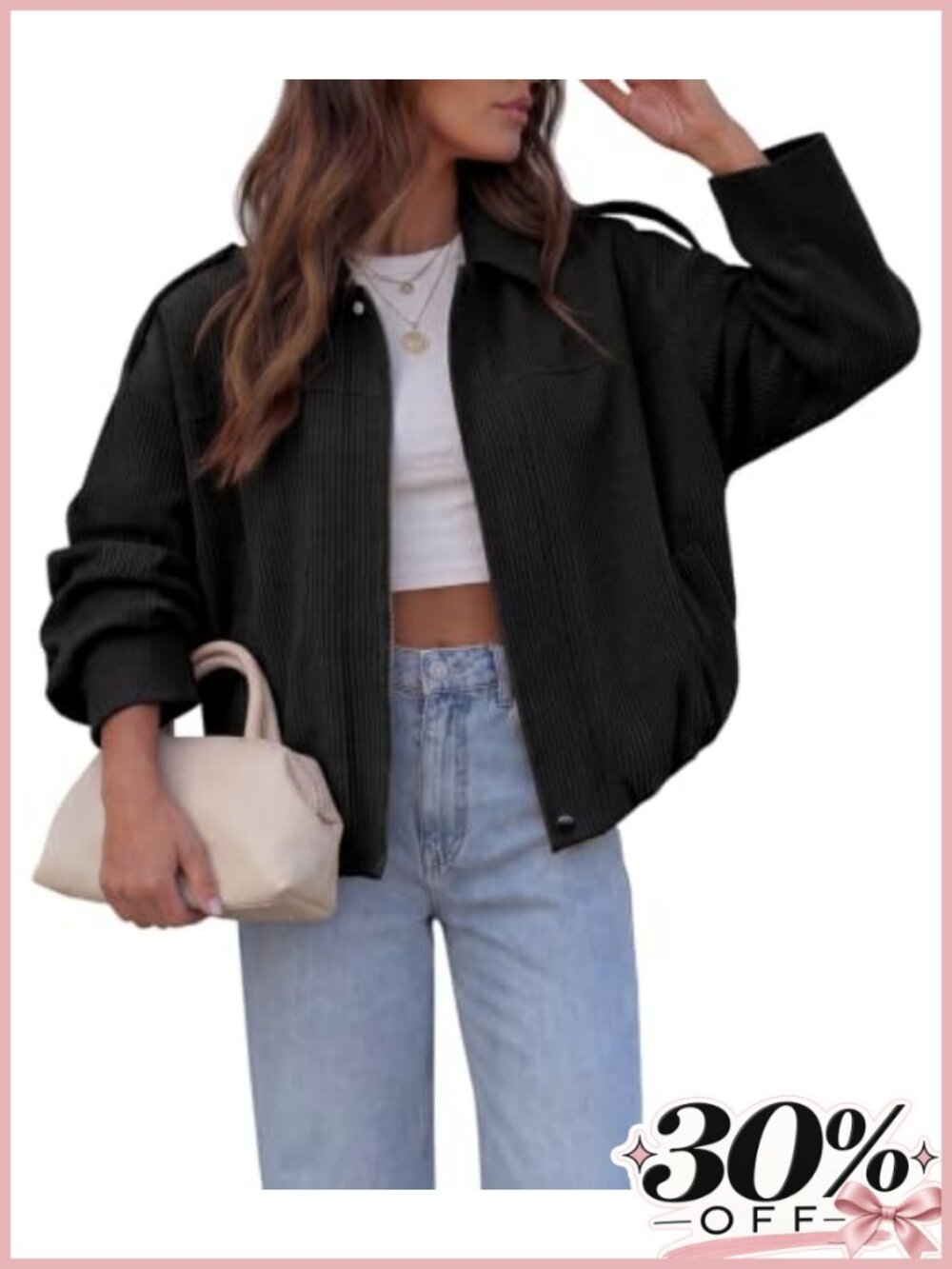 Womens Cropped Corduroy Shacket Zip Up Oversized Casual Jacket